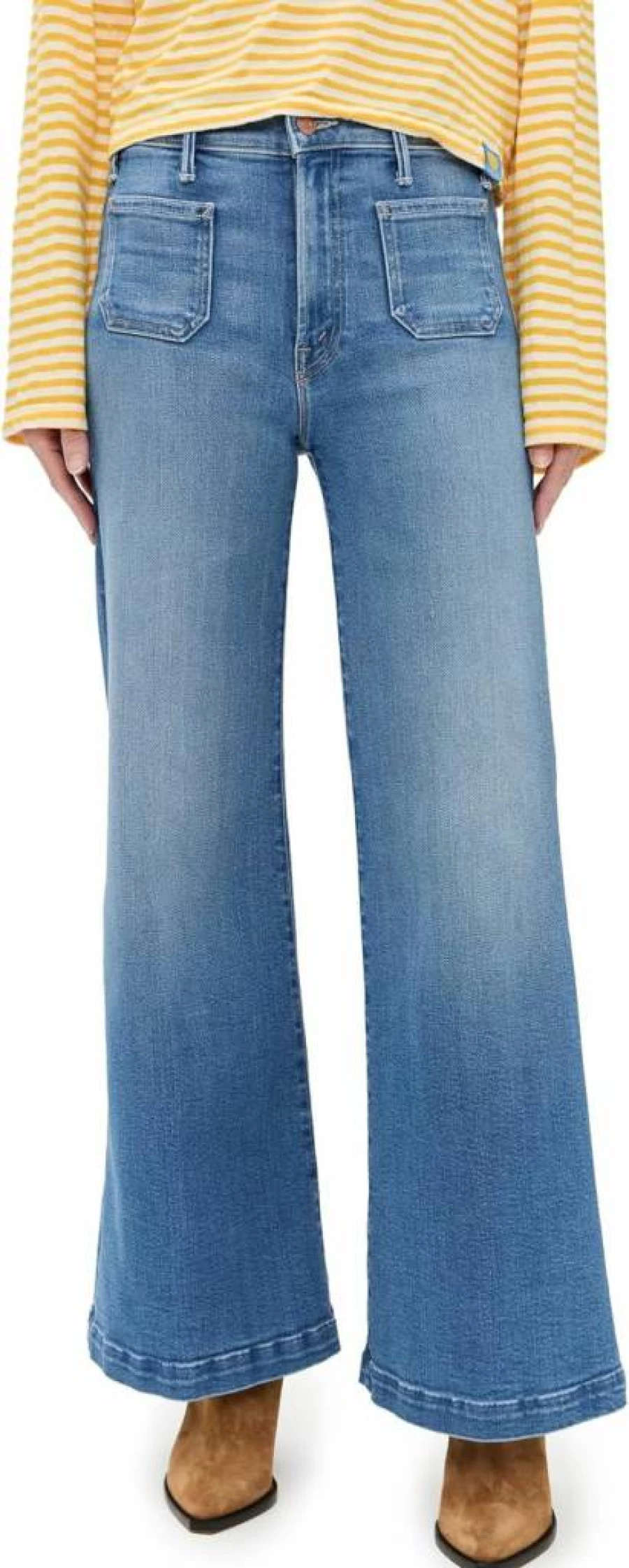 MOTHER Women's Petite Roller Jeans with Patch Pockets - Light Wash Distressed Denim Sneaker Sneakers