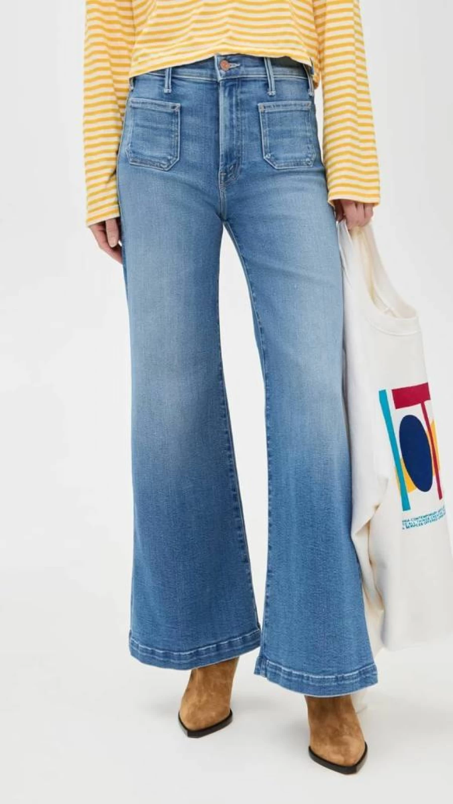 MOTHER Women's Petite Roller Jeans with Patch Pockets - Light Wash Distressed Denim Sneaker Sneakers