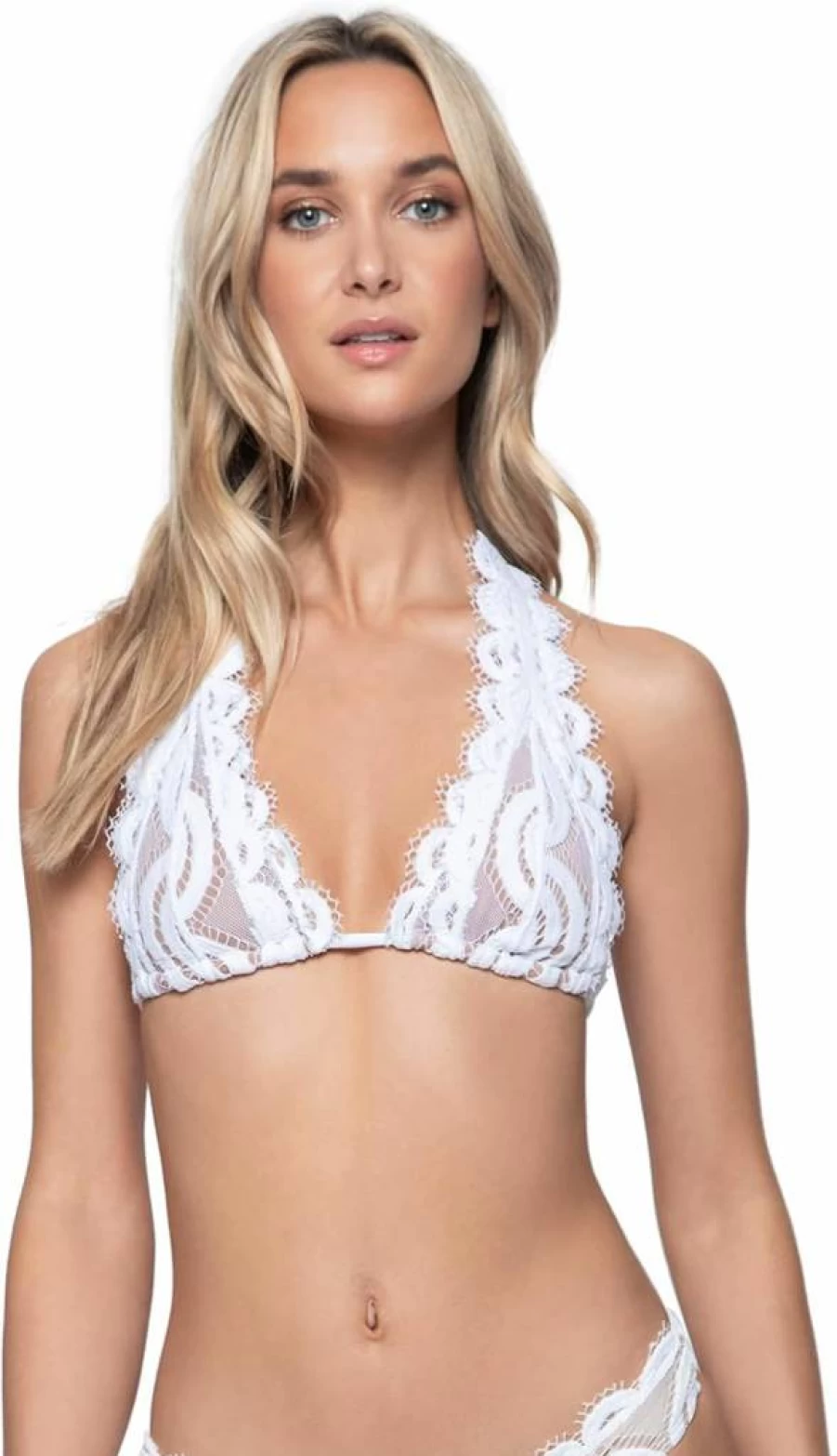 PQ Swim Women's Adjustable Lace Halter Bikini Top with Removable Padding - Midnight Black