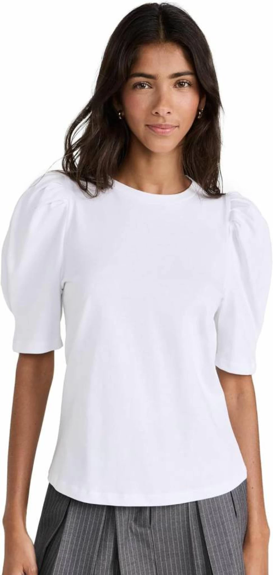 English Factory Women's Knit Top with Puff Sleeves - Stylish Short Sleeve Blouse