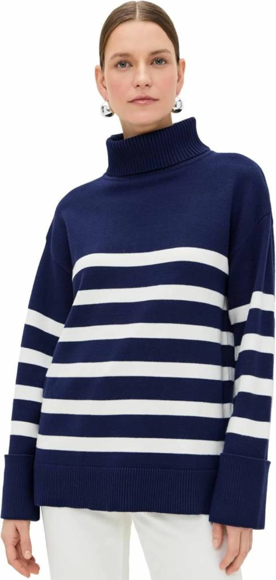 English Factory Women's Striped Turtleneck Sweater - Classic Knit Top for Fall & Winter