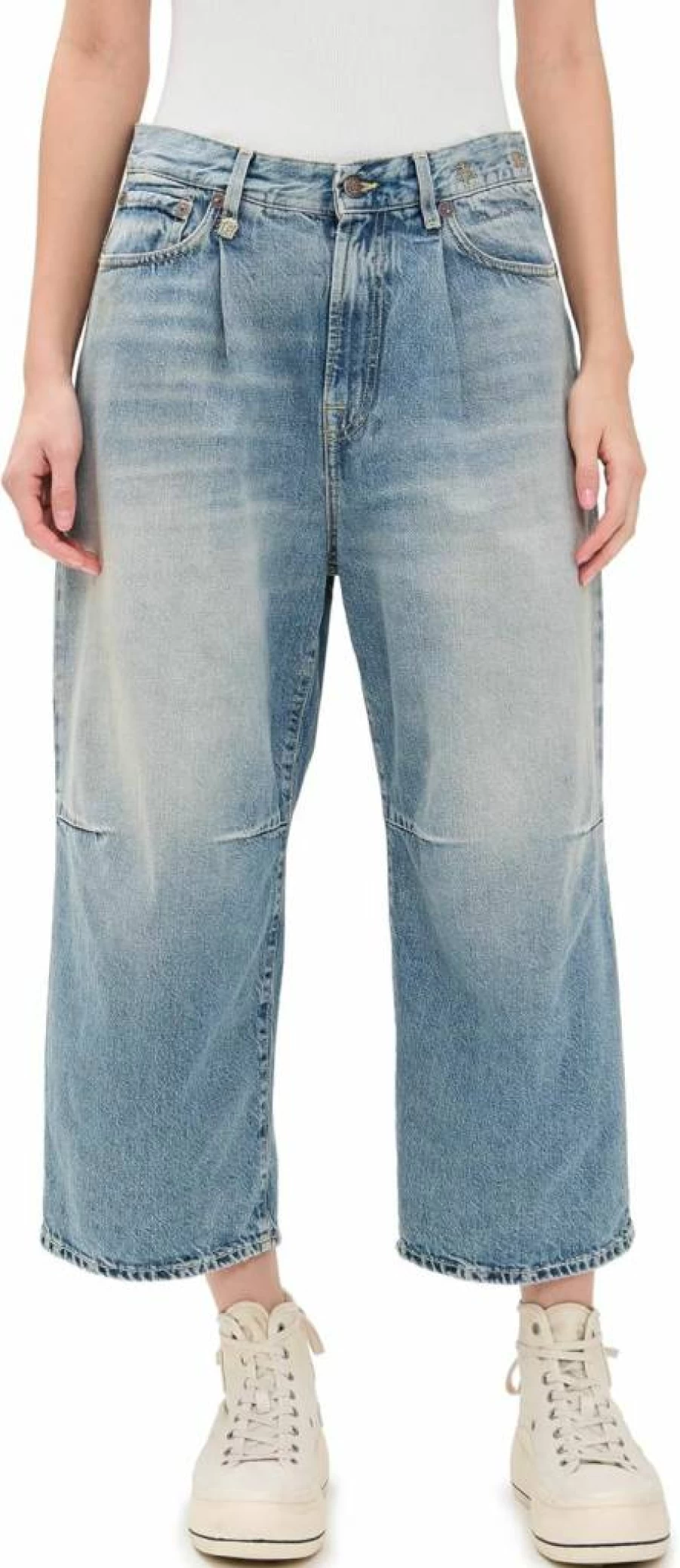 R13 Women's High-Rise Wide Leg Cropped Jeans - Vintage Denim with Distressed Details