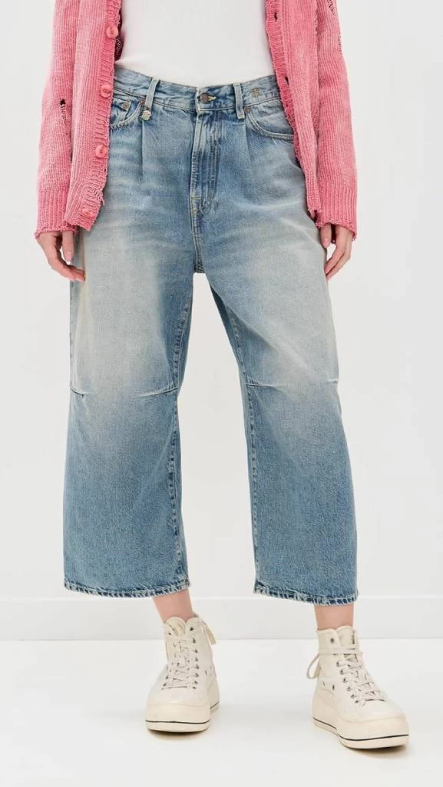 R13 Women's High-Rise Wide Leg Cropped Jeans - Vintage Denim with Distressed Details