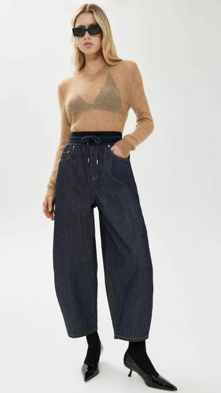 Helmut Lang Women's Distressed High-Waisted Cocoon Fit Jeans - Vintage Cowboy Style Denim Pants