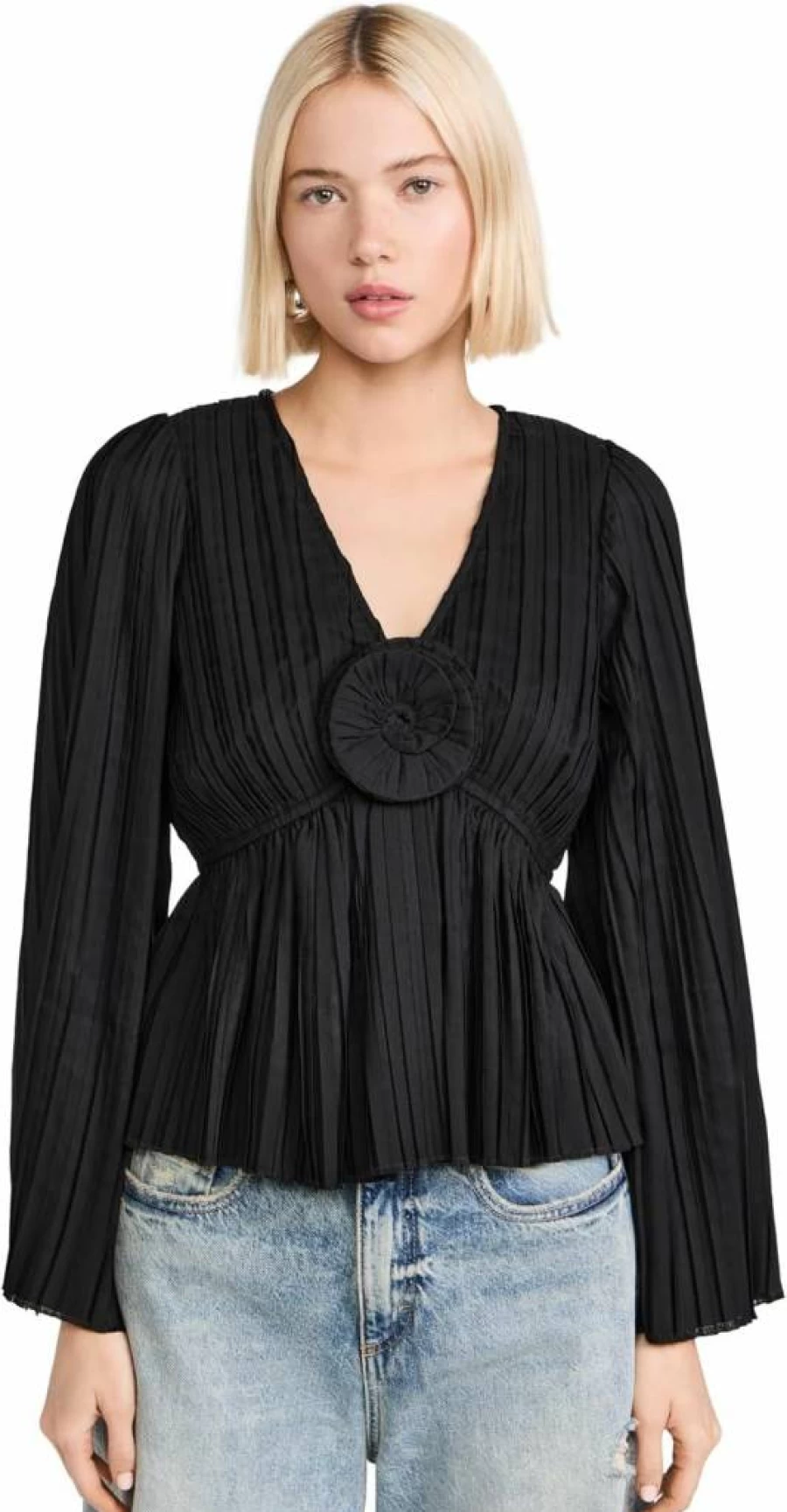 Sea Women's Nomi Solid Rosette Blouse - Elegant Floral Embroidery Top