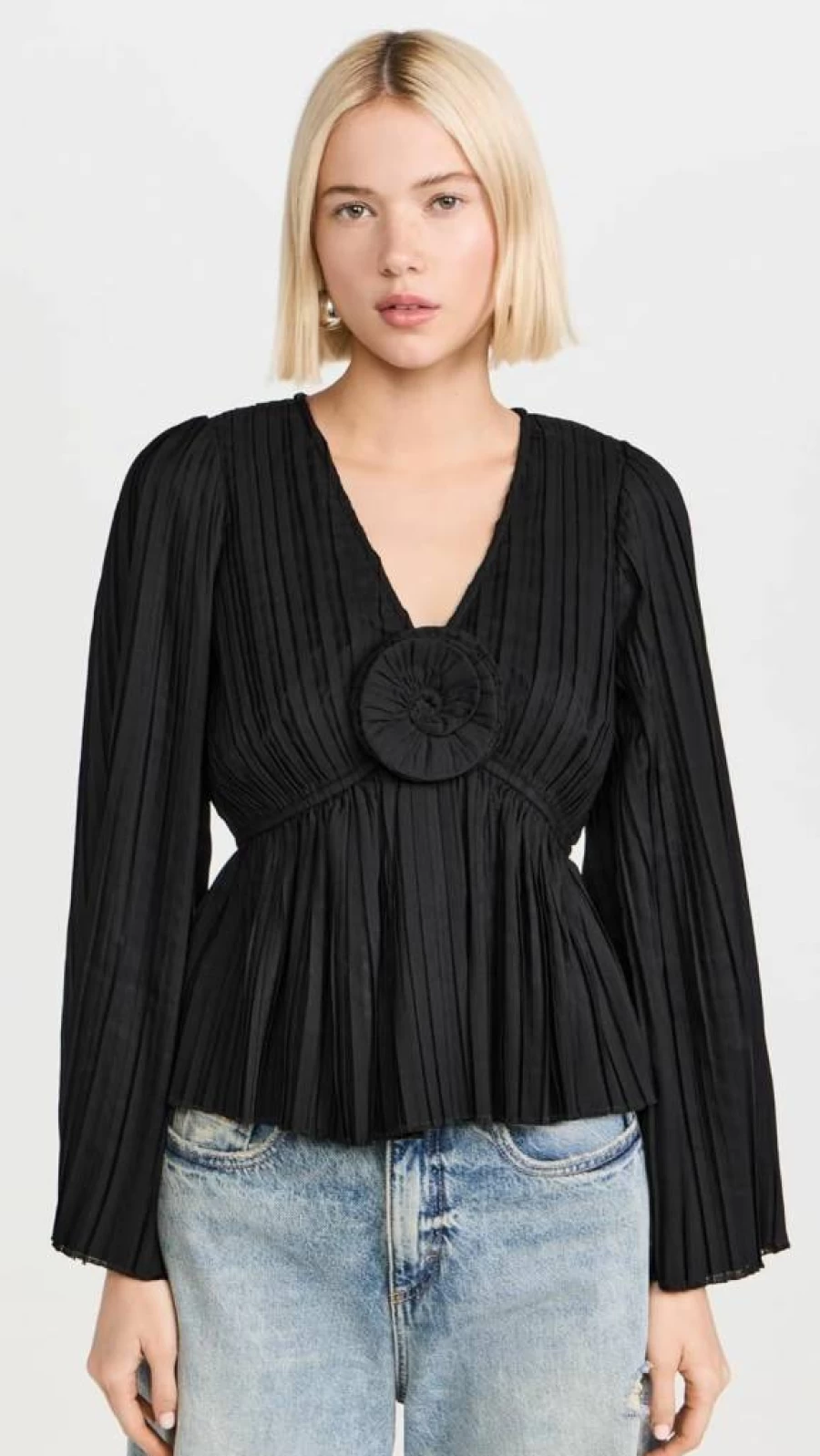 Sea Women's Nomi Solid Rosette Blouse - Elegant Floral Embroidery Top