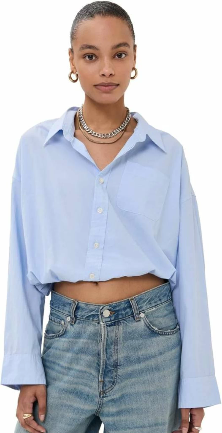 R13 Women's Distressed Denim Crossover Top with Bubble Hem Detail