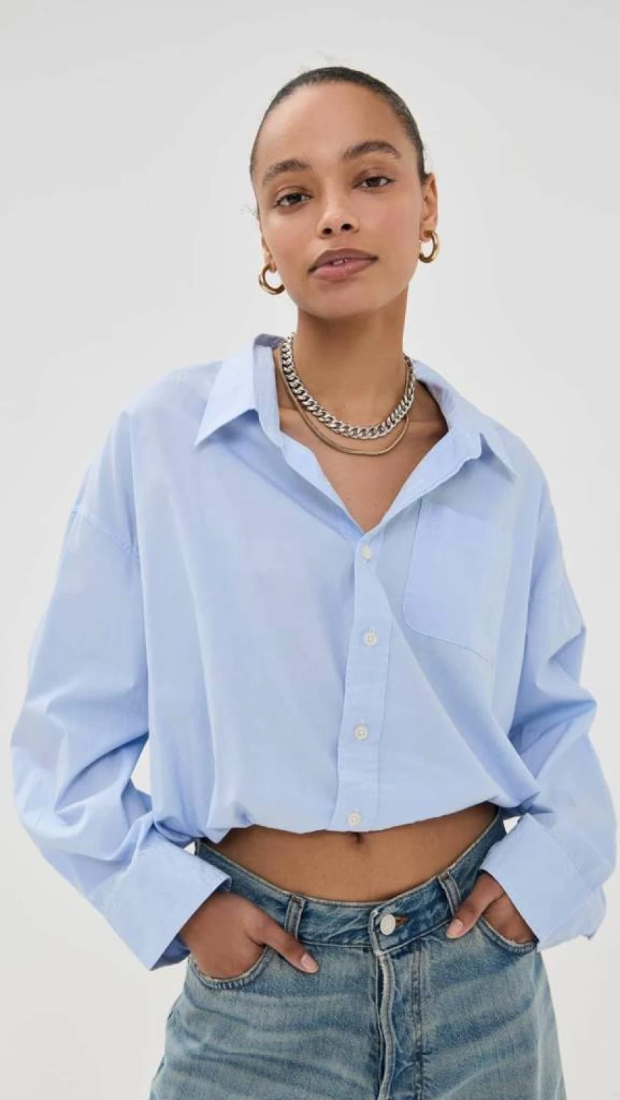 R13 Women's Distressed Denim Crossover Top with Bubble Hem Detail