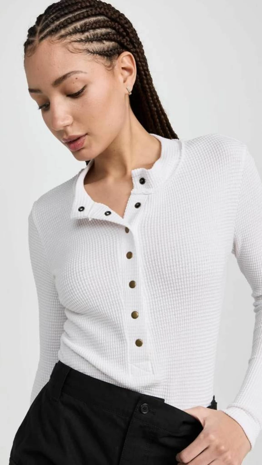 ASKK NY Women's Snap Button Henley T-Shirt - Casual Short Sleeve Top for Women