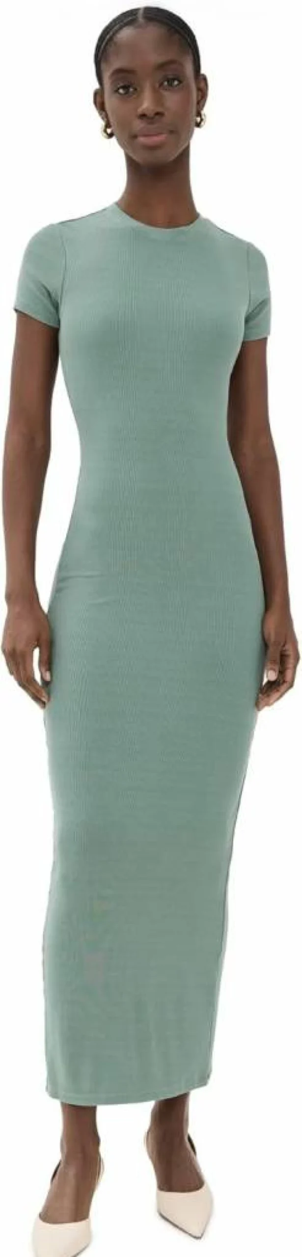 Good American Women's Ribbed Maxi Dress with Side Slit - Stretchy Long T-Shirt Dress