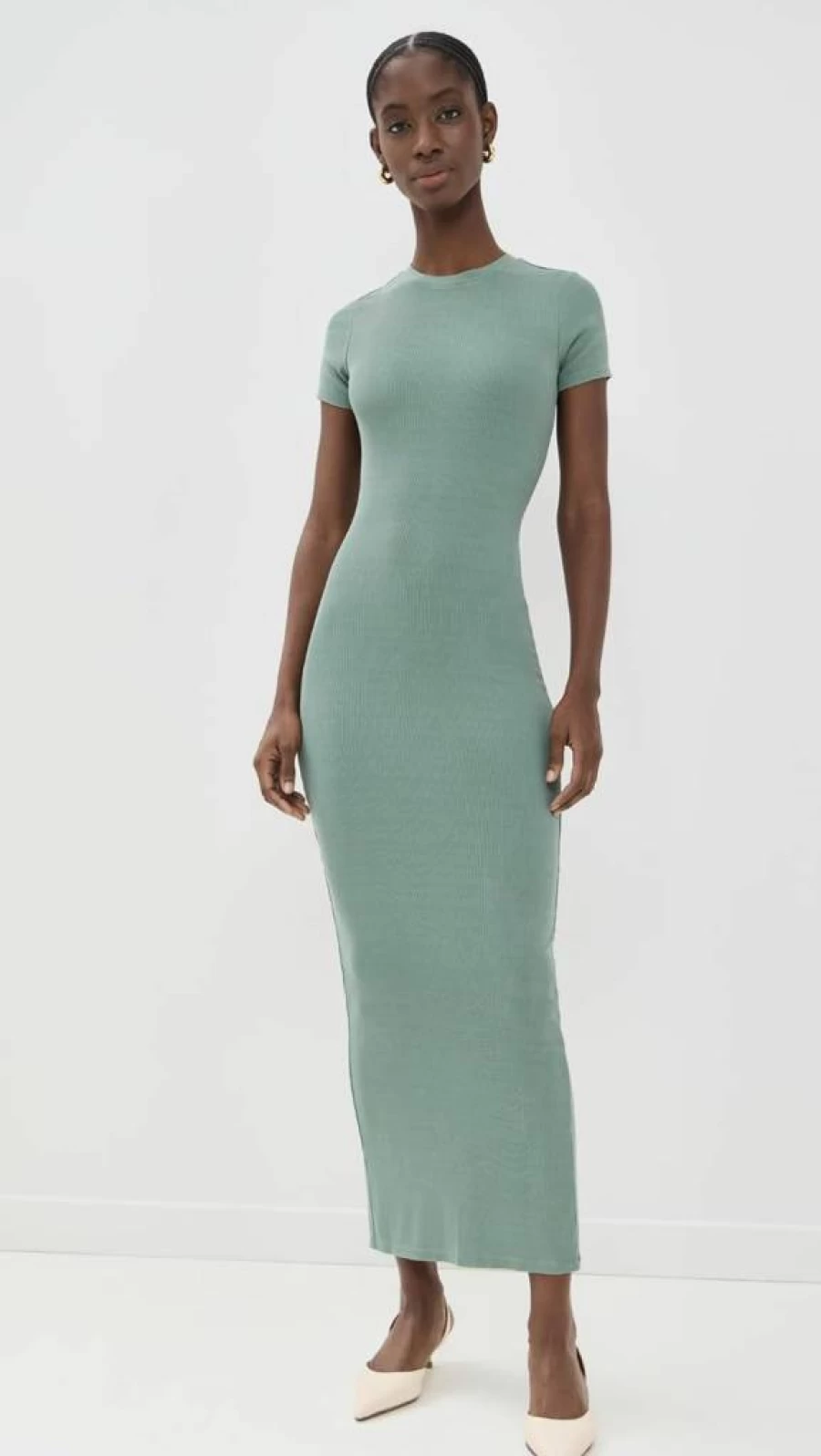 Good American Women's Ribbed Maxi Dress with Side Slit - Stretchy Long T-Shirt Dress