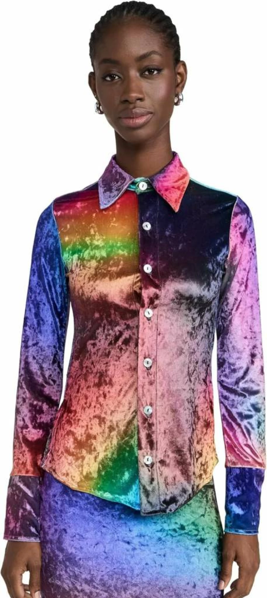 BruceGlen Women's Crushed Velvet Prism Button-Up Shirt Stylish Long Sleeve Blouse
