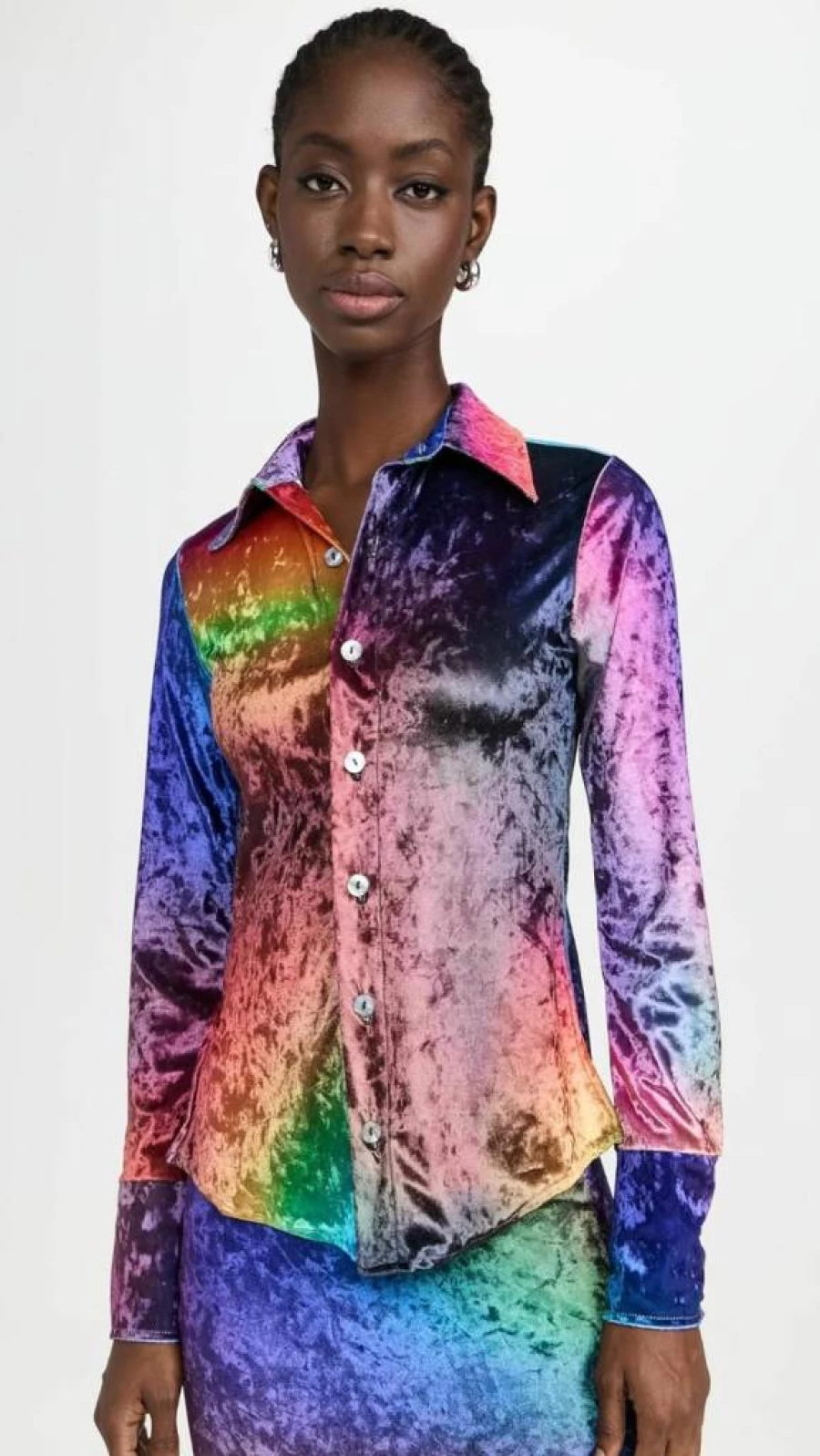 BruceGlen Women's Crushed Velvet Prism Button-Up Shirt Stylish Long Sleeve Blouse