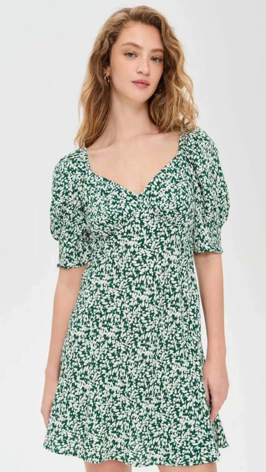 Madewell Women's Green Floral Printed V-Neck Crepe Mini Dress