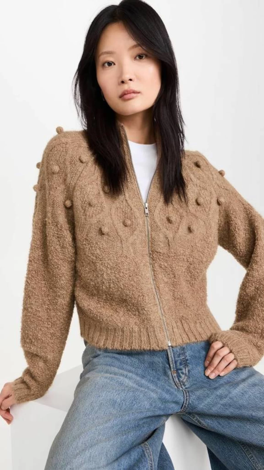 FRAME Women's Popcorn Knit Zip-Up Cardigan Sweater