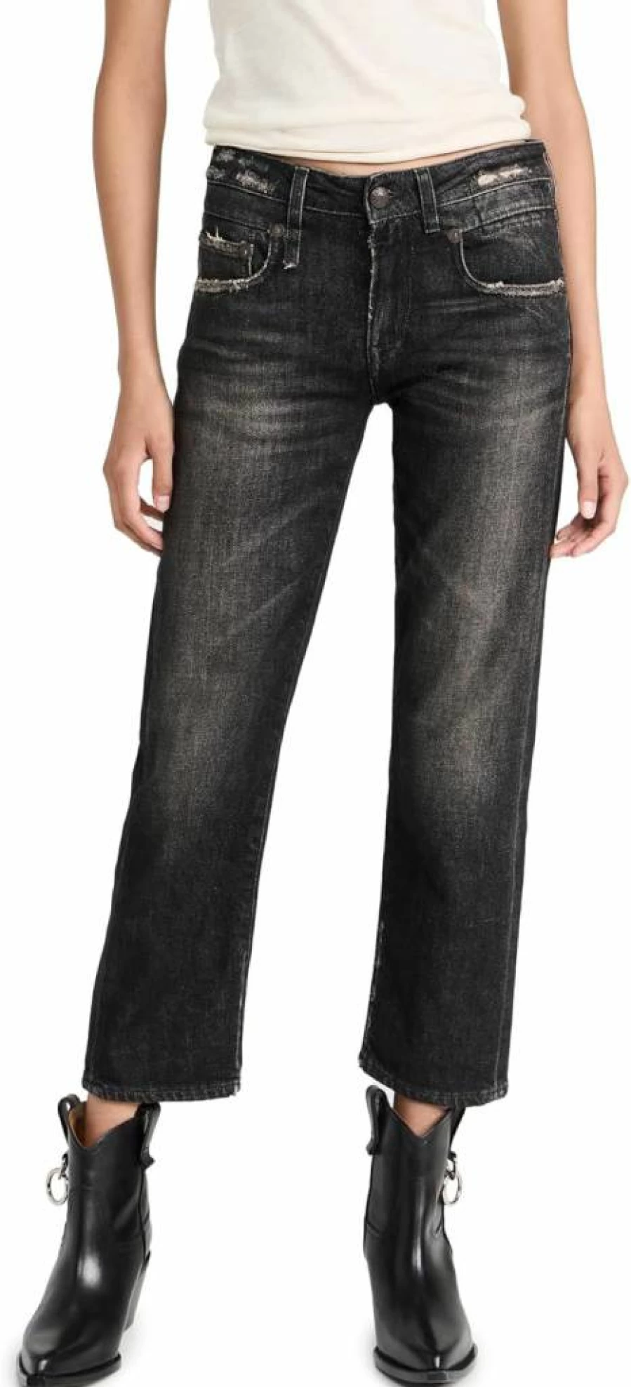 R13 Women's Boyfriend Straight Leg Jeans - High Waisted Distressed Denim