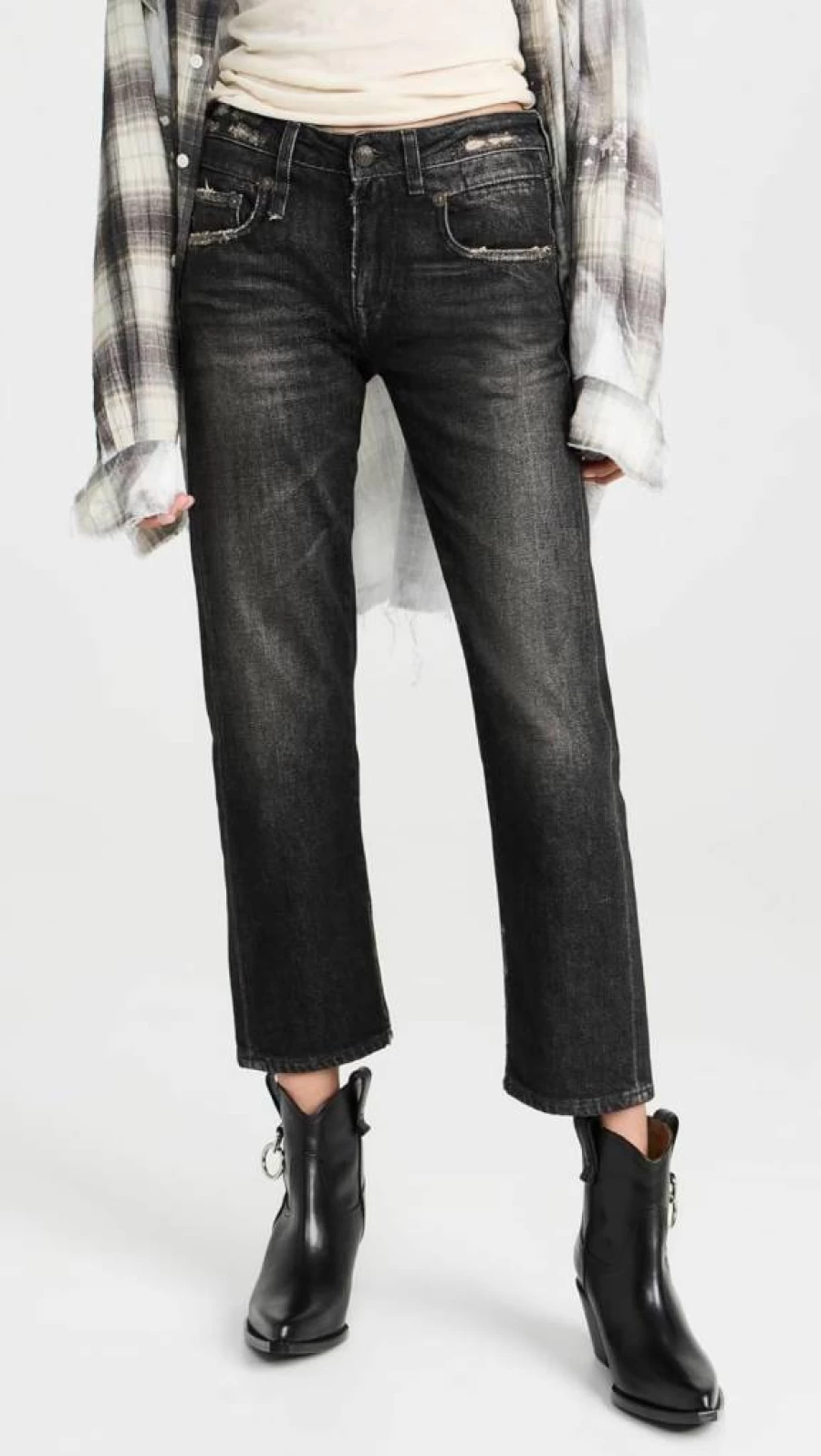 R13 Women's Boyfriend Straight Leg Jeans - High Waisted Distressed Denim