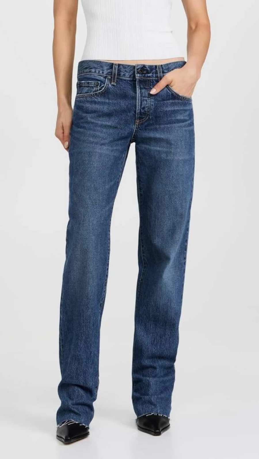 ASKK NY Women's Low Rise Straight Leg Jeans - Slim Fit Long Denim Pants for Casual Wear