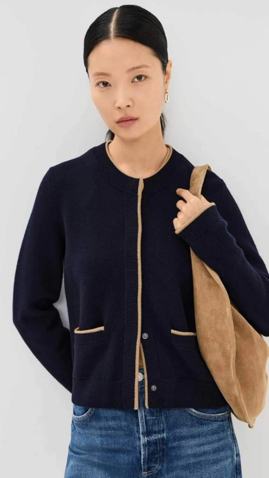 Vince Women's Contrast Trim Snap Front Cardigan Sweater
