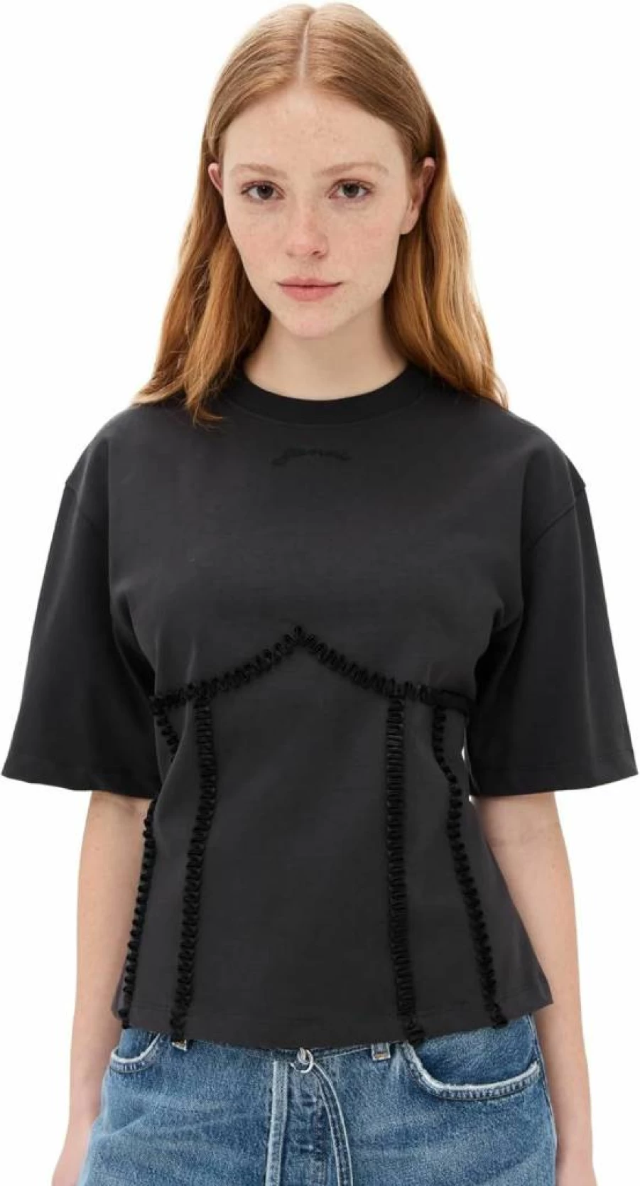 Ganni Women's Oversized Cotton T-Shirt with Tie Waist Detail - Heavyweight Casual Tee
