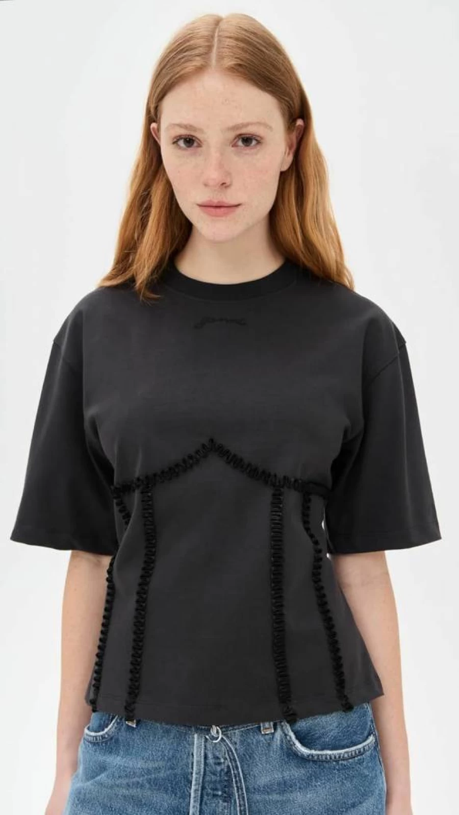 Ganni Women's Oversized Cotton T-Shirt with Tie Waist Detail - Heavyweight Casual Tee