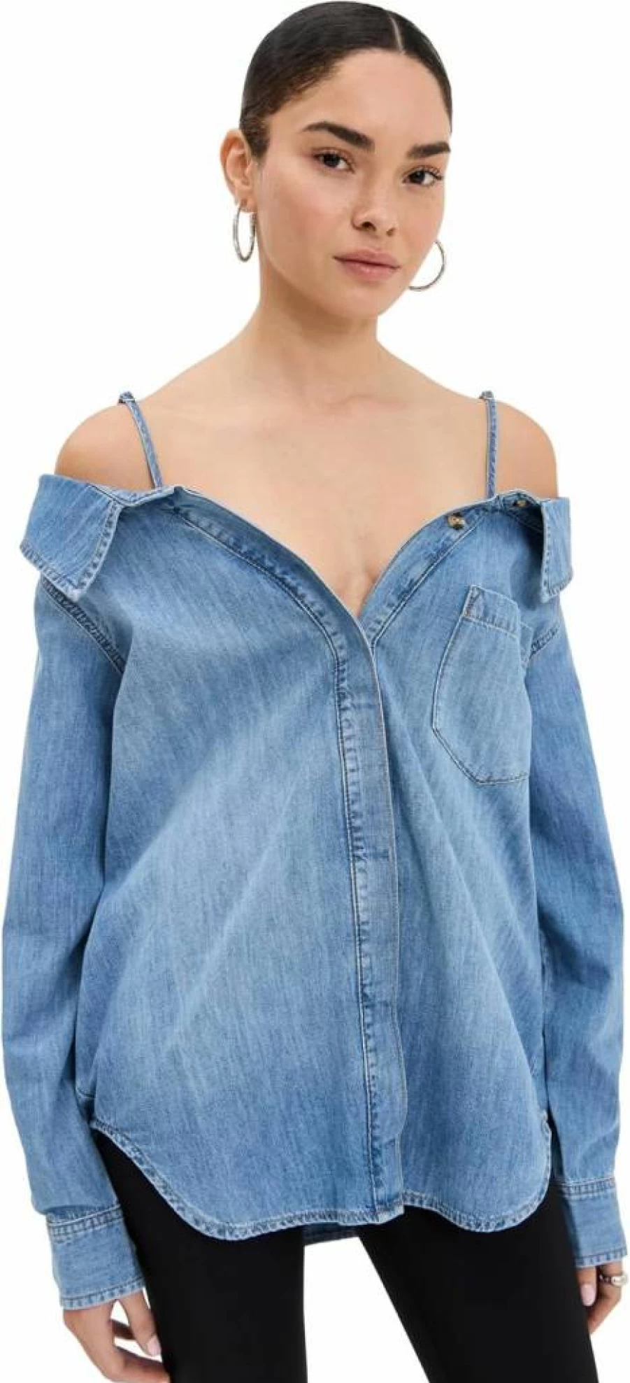Good American Off-Shoulder Denim Shirt - Indigo772 Style