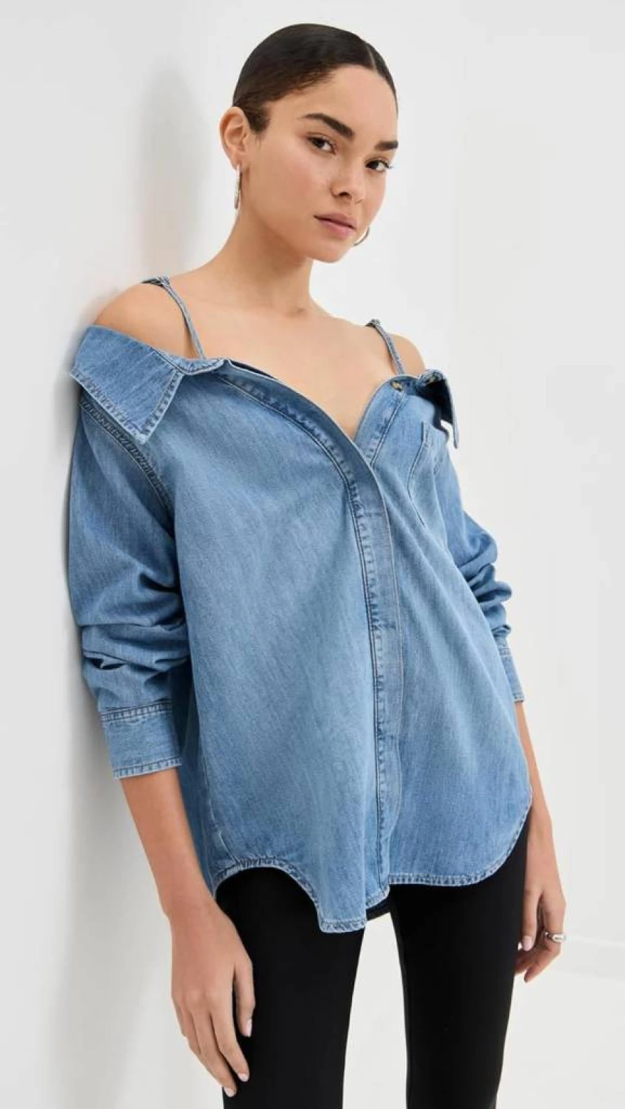 Good American Off-Shoulder Denim Shirt - Indigo772 Style