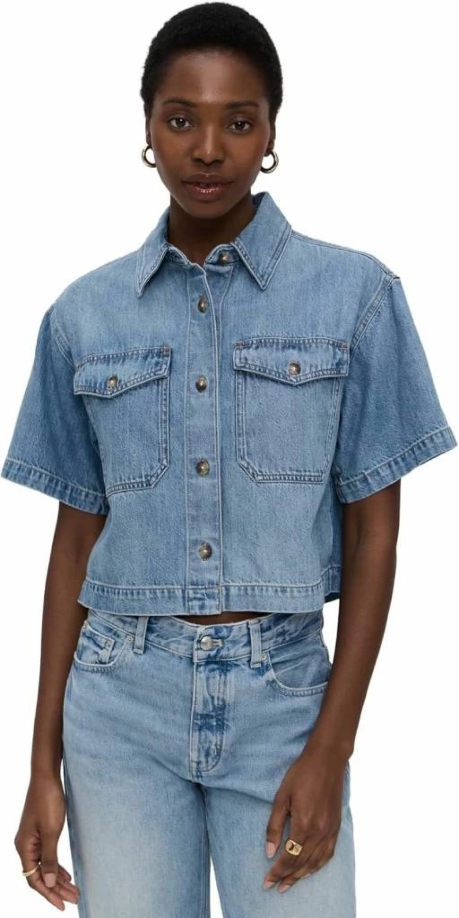 Madewell Women's Boxy Crop Button-Up Shirt - Casual Loose Fit Short Sleeve Top for Women