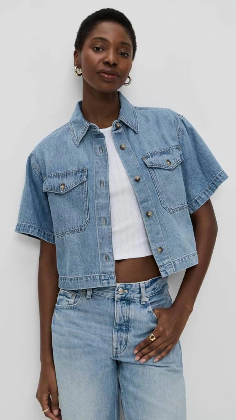 Madewell Women's Boxy Crop Button-Up Shirt - Casual Loose Fit Short Sleeve Top for Women