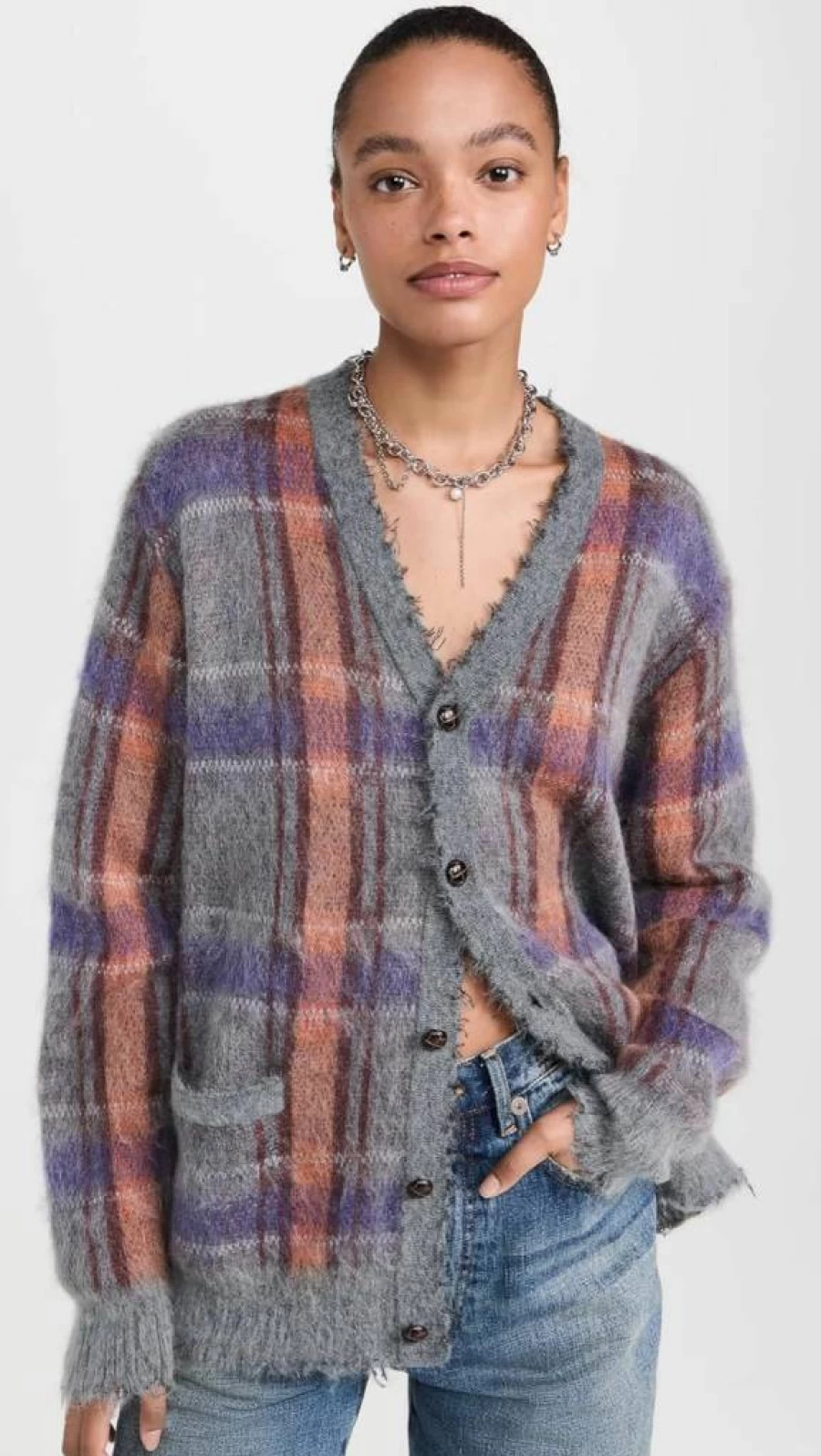 R13 Women's Oversized Mohair Blend Knit Cardigan Sweater Boyfriend Style