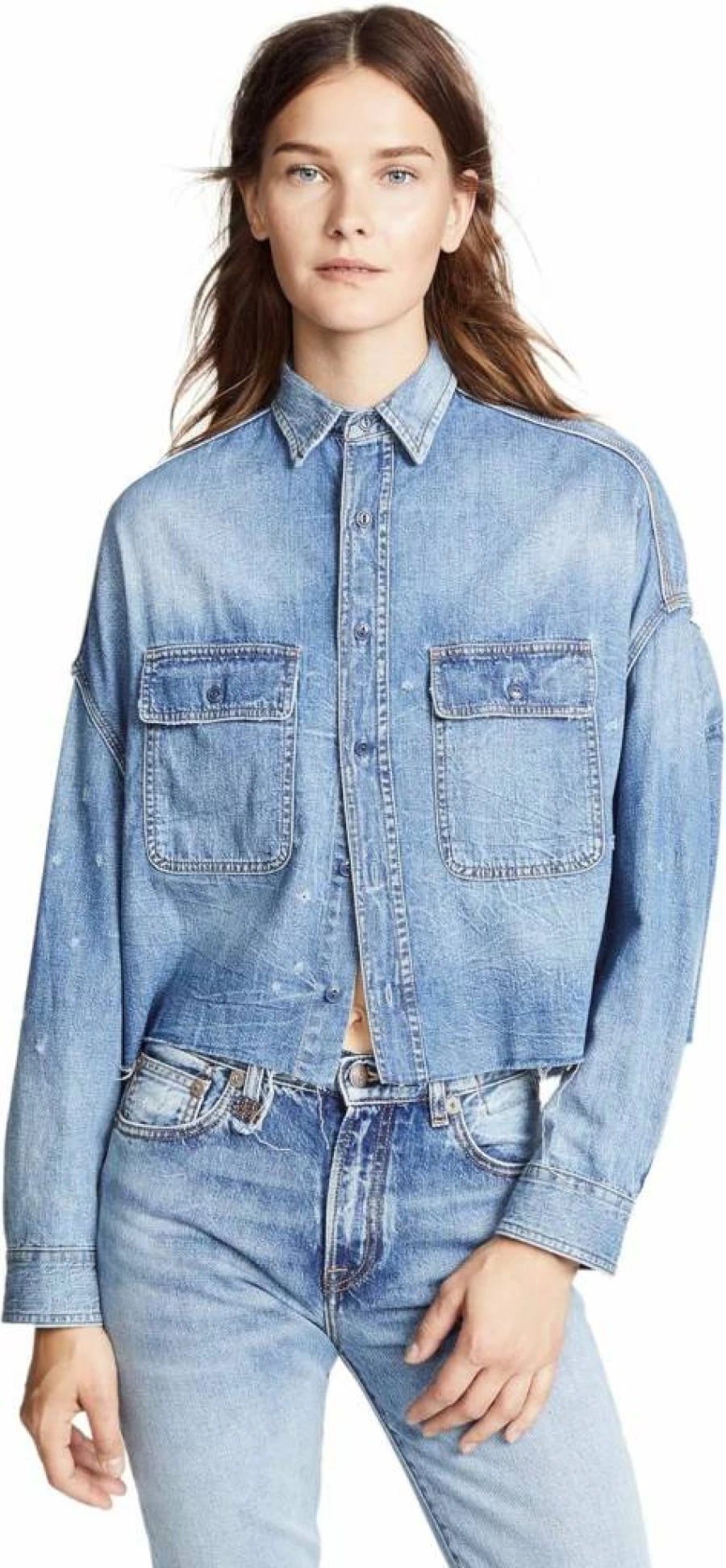 R13 Women's Distressed Cropped Denim Shirt Vintage Washed Button-Up Top