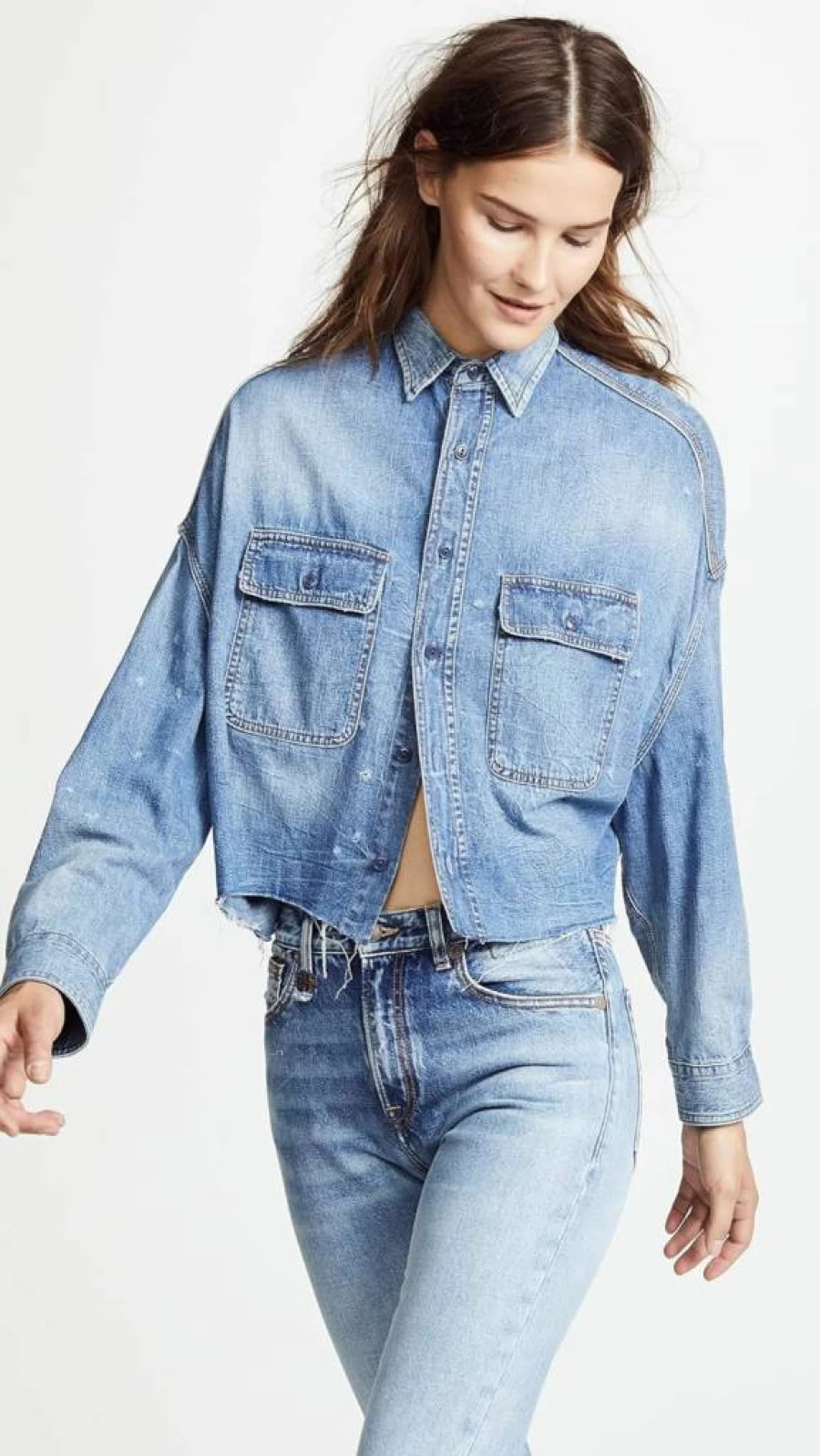 R13 Women's Distressed Cropped Denim Shirt Vintage Washed Button-Up Top