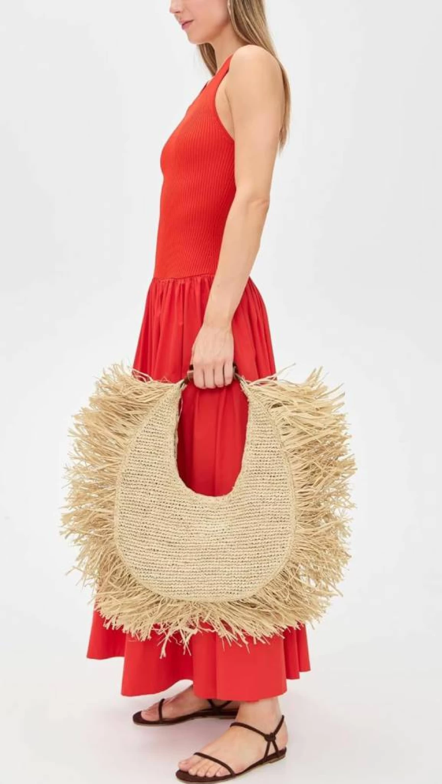 STAUD Raffia Moon Tote Bag for Women - Large Woven Straw Handbag