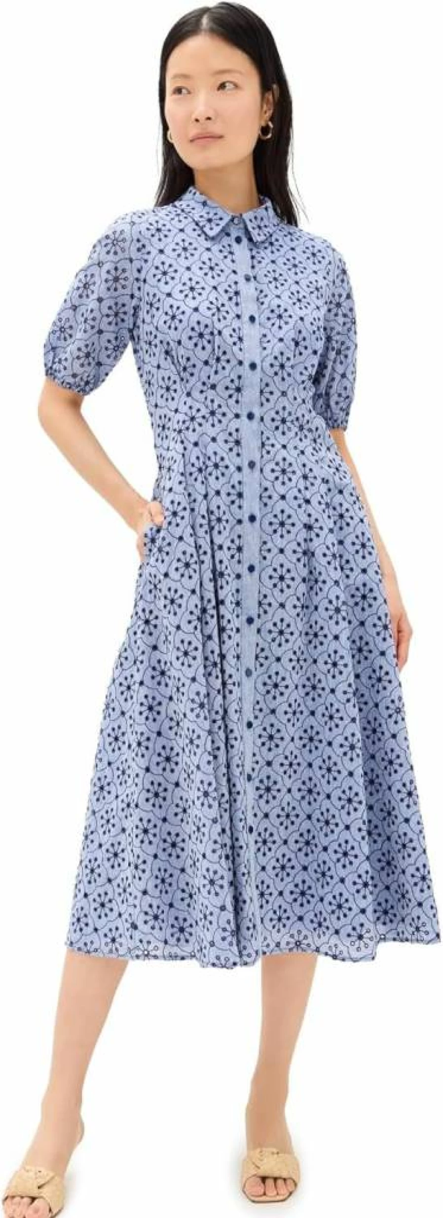 Shoshanna Women's Embroidered Chambray Trenton Dress - Floral Stitch Detail Summer Casual Wear