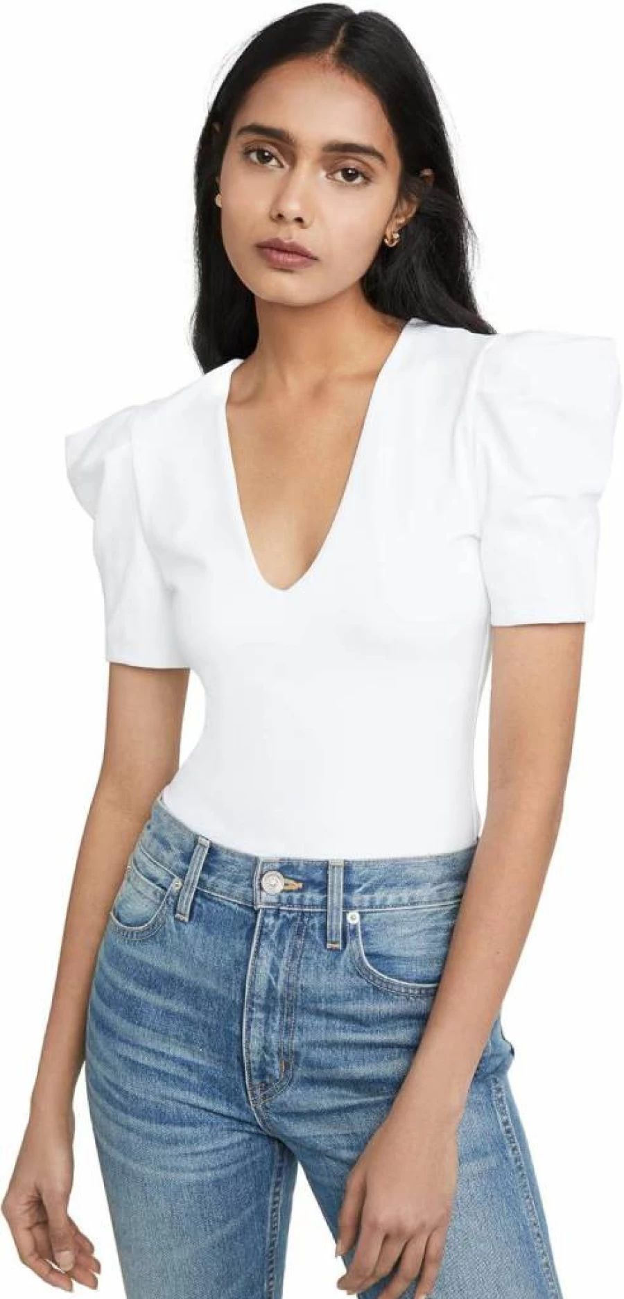 Susana Monaco Women's Elegant Pleated Sleeve Deep V-Neck Blouse for Stylish Outfits