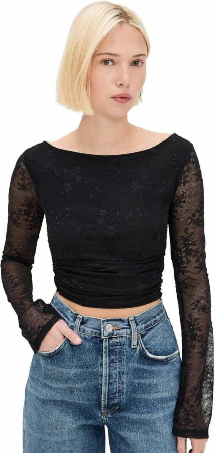AFRM Women's Noam Lace Crop Top - Stylish Feminine Short Sleeve Blouse for Fashion Trends