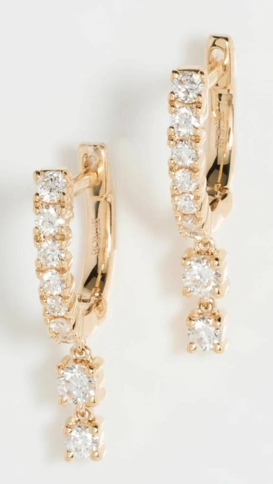 EF Collection 14K Gold Double Drop Huggie Hoop Earrings for Women, Prong Set