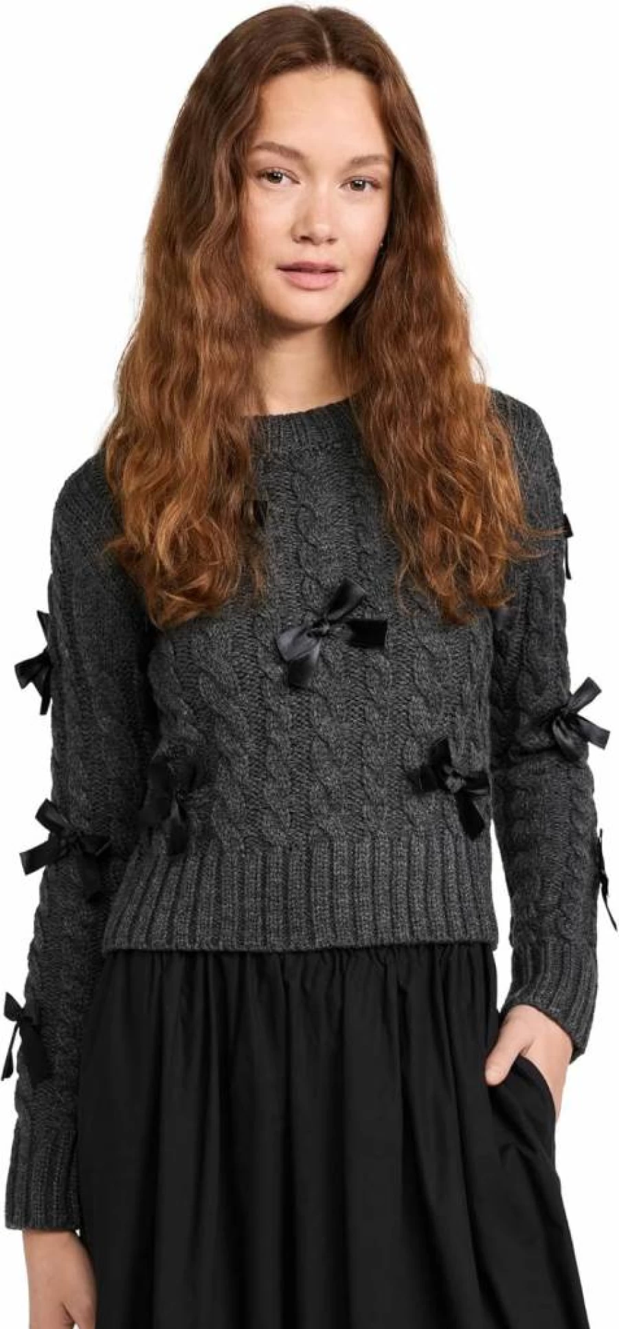English Factory Women's Chunky Cable Knit Sweater with Bow Detail