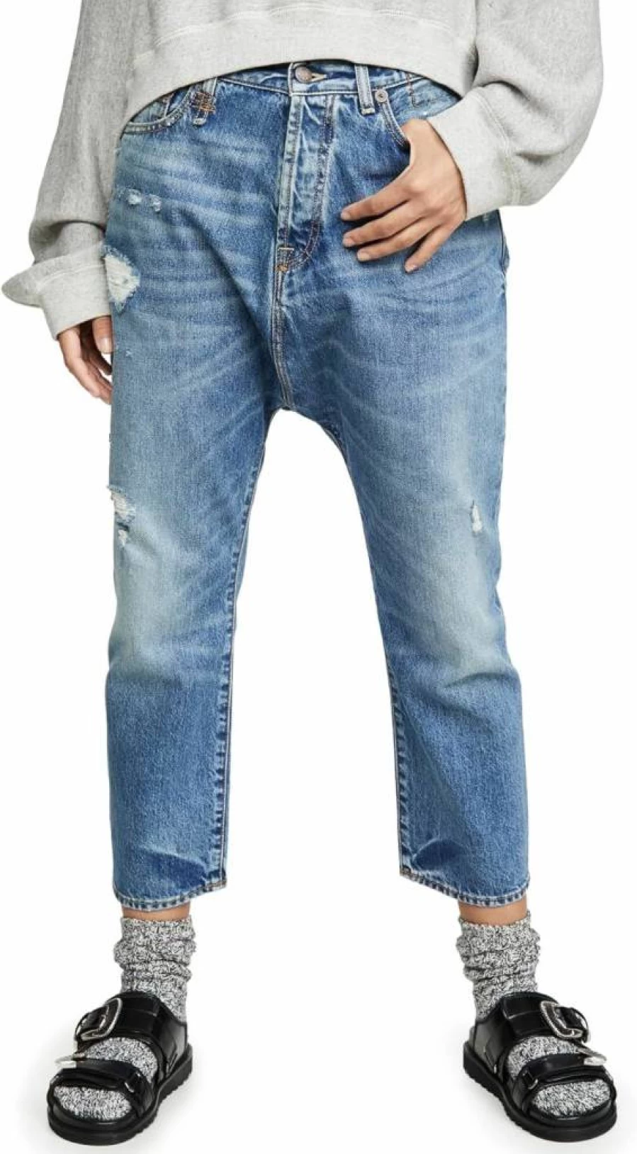 R13 Women's Distressed Drop Waist Denim Jeans - Tailored Fit Stretch Comfort