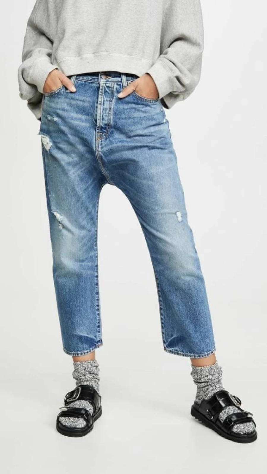 R13 Women's Distressed Drop Waist Denim Jeans - Tailored Fit Stretch Comfort
