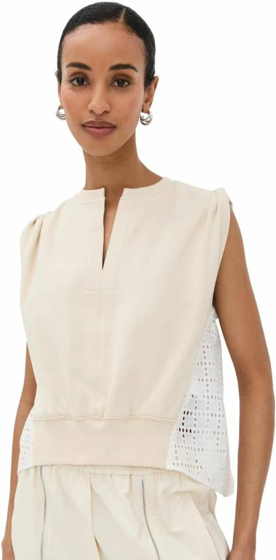 3.1 Phillip Lim Women's Embroidered French Terry Top with Broderie Anglaise Detail