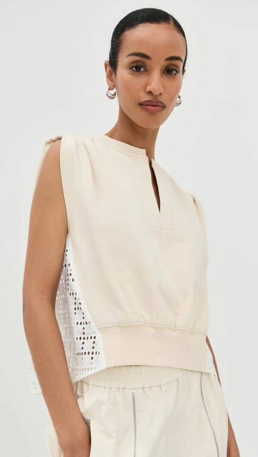 3.1 Phillip Lim Women's Embroidered French Terry Top with Broderie Anglaise Detail