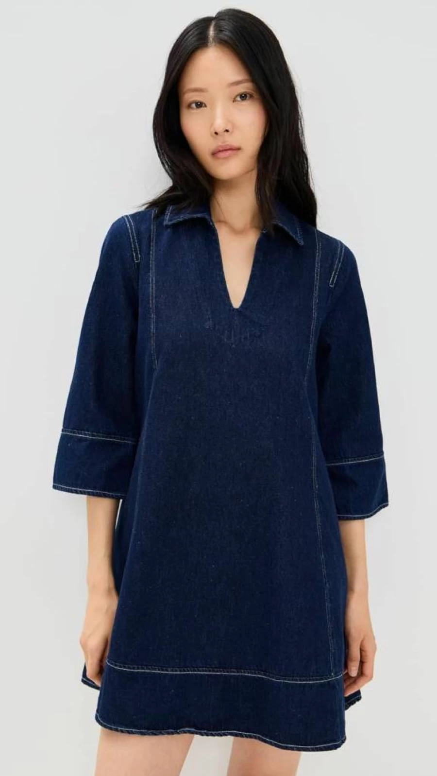 English Factory Women's Denim Mini Dress - Vintage Blue Stretch Cotton Short Sleeve Casual Summer Outfit