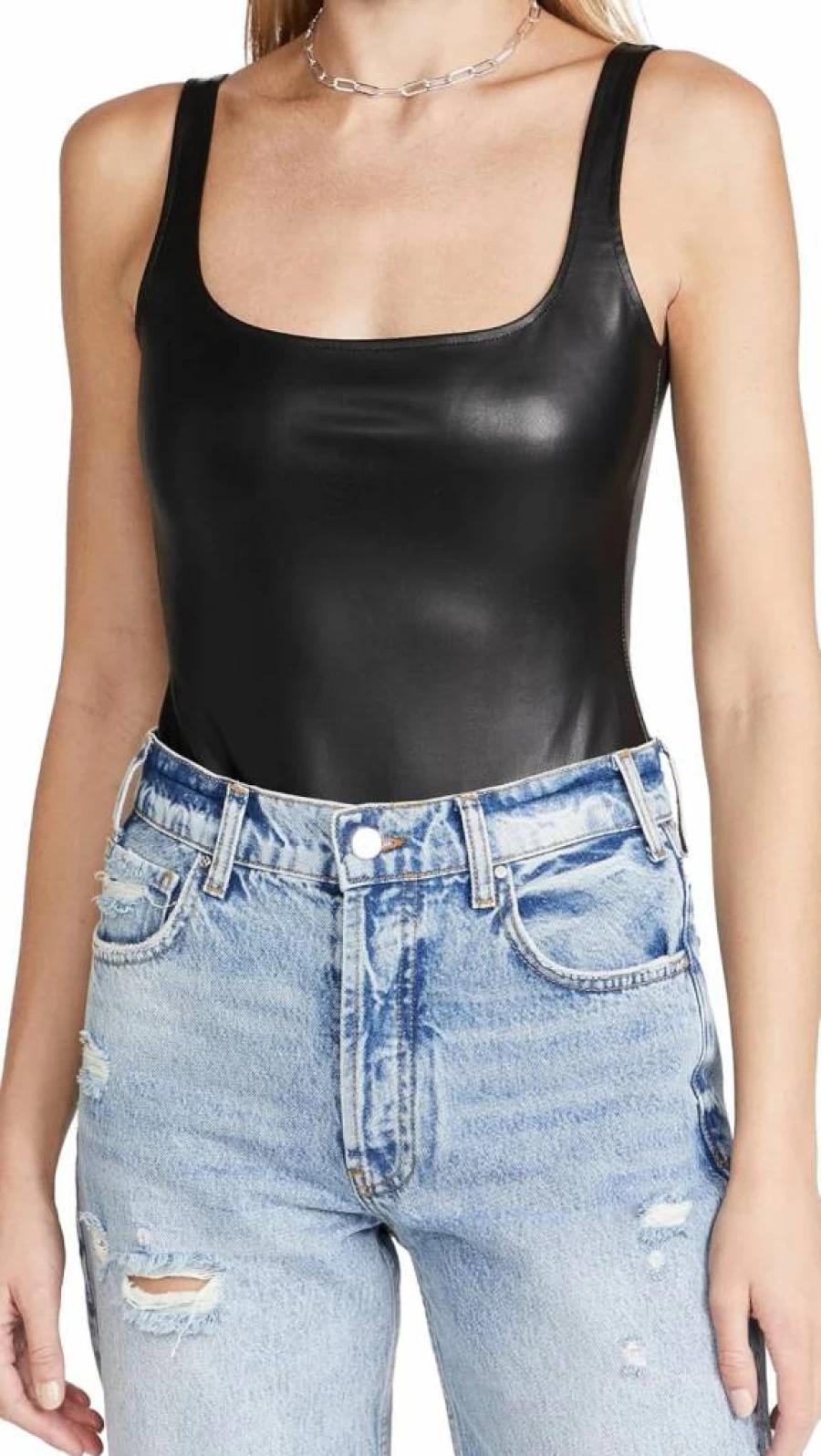 Susana Monaco Women's Faux Leather Low Back Tank Bodysuit - Sexy Thong One-Piece for Women