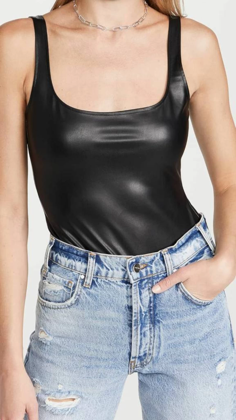 Susana Monaco Women's Faux Leather Low Back Tank Bodysuit - Sexy Thong One-Piece for Women