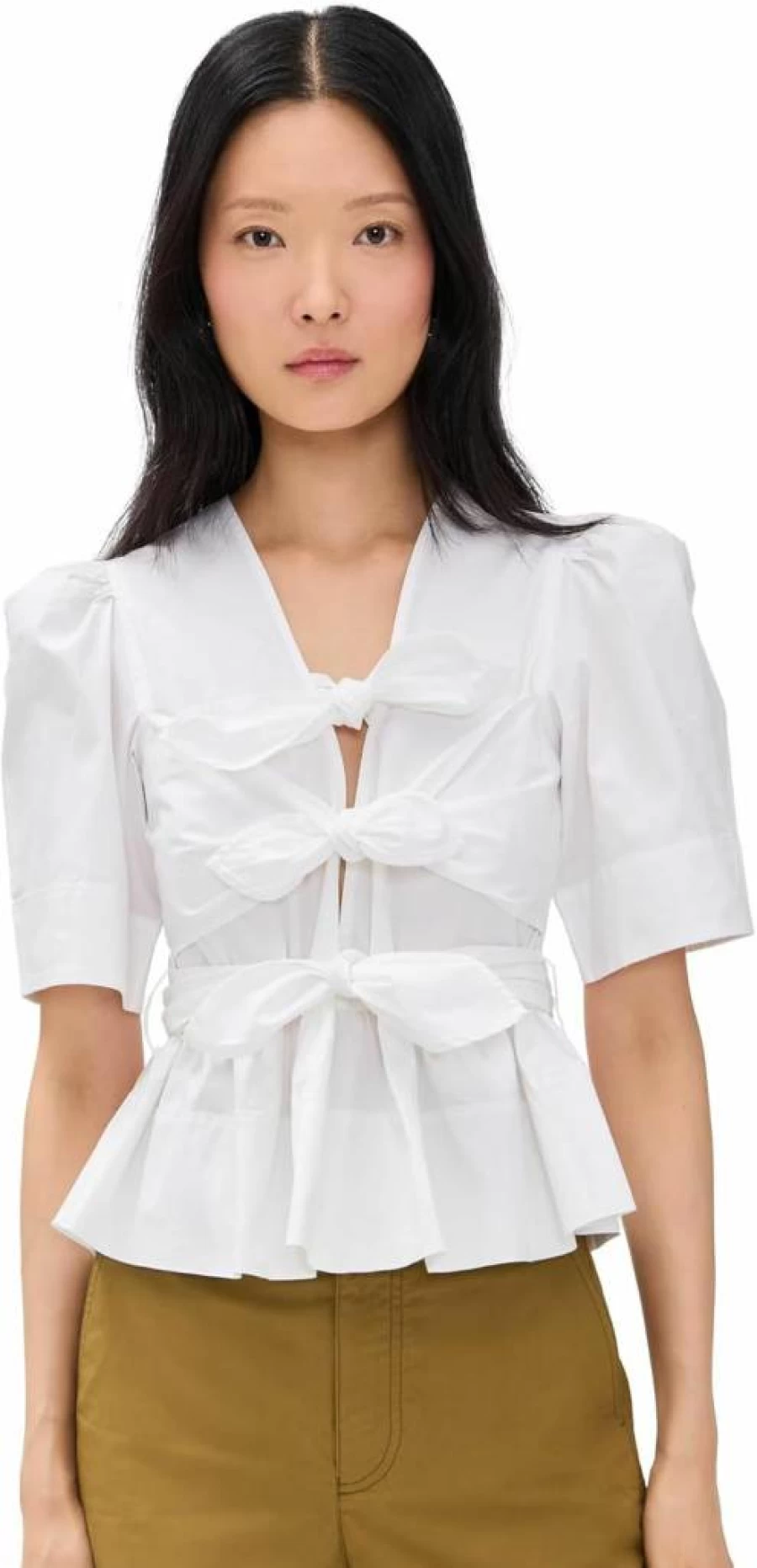 Ganni Women's Washed Cotton Stretch Tie-Strap Blouse