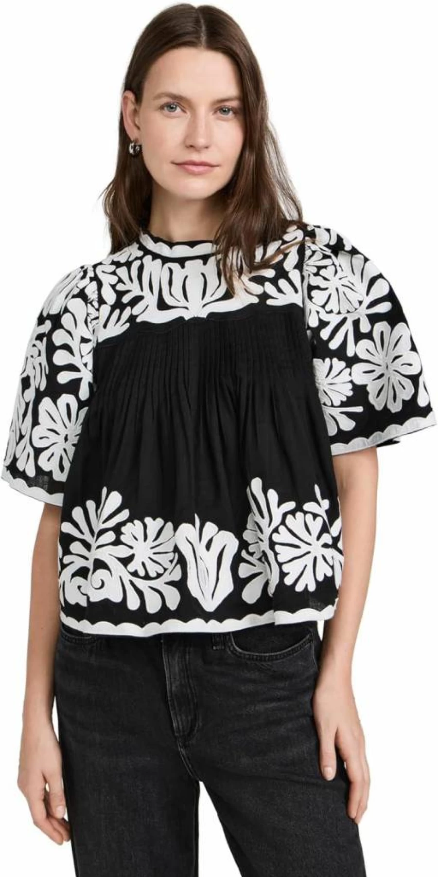 Sea Women's Agathe Floral Applique Short Sleeve Blouse