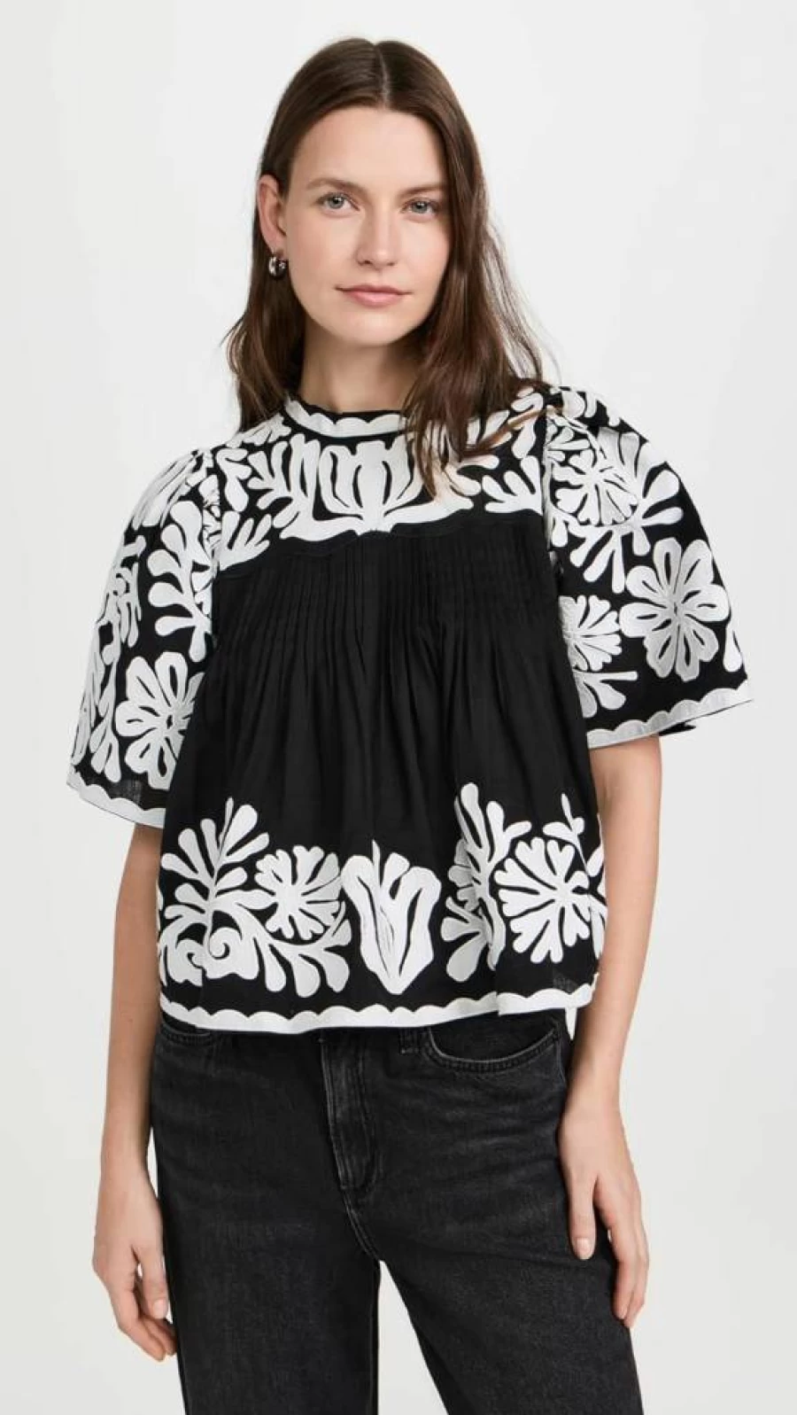 Sea Women's Agathe Floral Applique Short Sleeve Blouse