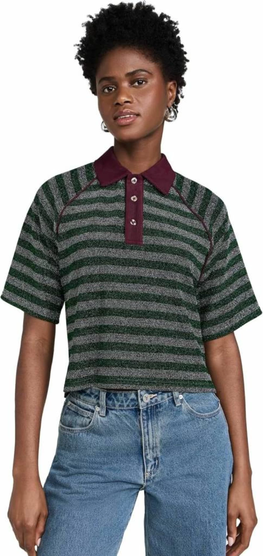 BruceGlen Women's Metallic Stripe Raglan Sleeve Polo Shirt - Stylish Casual Top