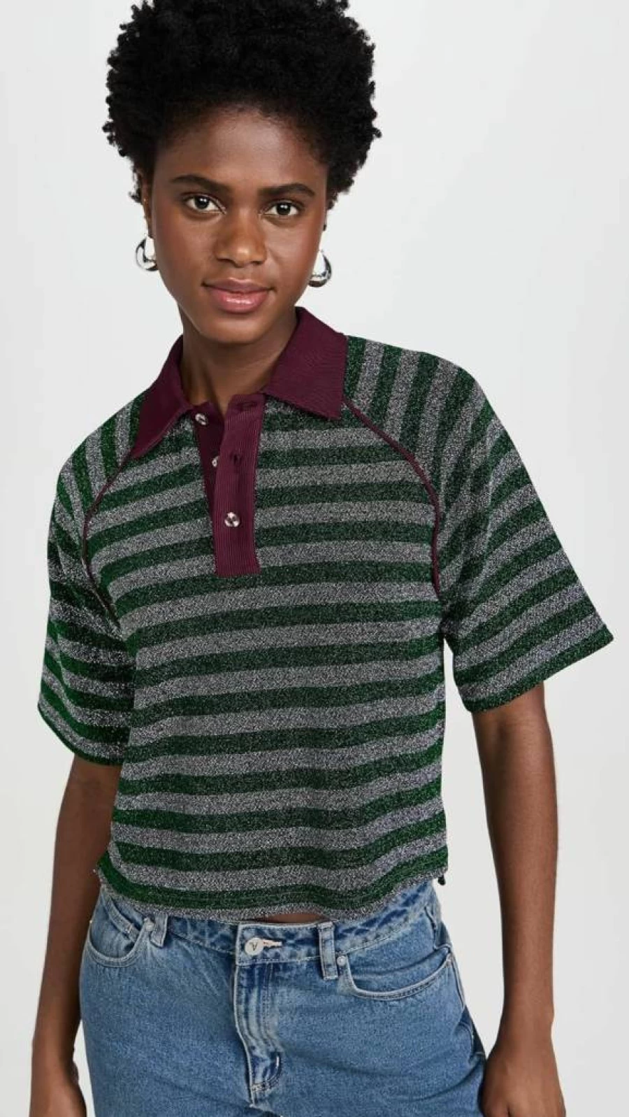 BruceGlen Women's Metallic Stripe Raglan Sleeve Polo Shirt - Stylish Casual Top